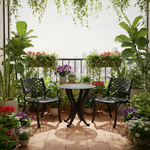 Three-piece black metal outdoor patio set including a round table and two armchairs with lattice backs, shown on a plain white background.